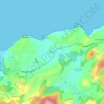 Mapa topográfico Toñanes, altitud, relieve