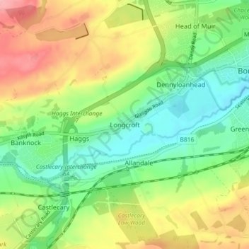 Mapa topográfico Longcroft, altitud, relieve