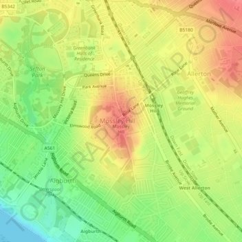 Mapa topográfico Mossley Hill, altitud, relieve
