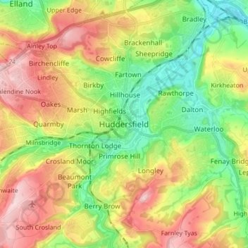 Mapa topográfico Huddersfield, altitud, relieve