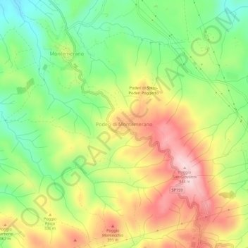 Mapa topográfico Poderi di Montemerano, altitud, relieve