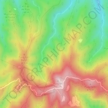 Mapa topográfico Massís de les Gavarres, altitud, relieve