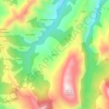 Mapa topográfico Llerandi, altitud, relieve