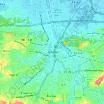 Mapa topográfico Bayamón, altitud, relieve