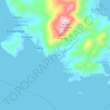 Mapa topográfico Pangdan, altitud, relieve