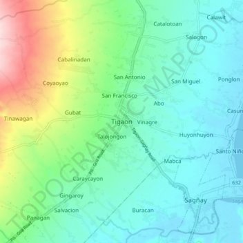 Mapa topográfico Tigaon, altitud, relieve