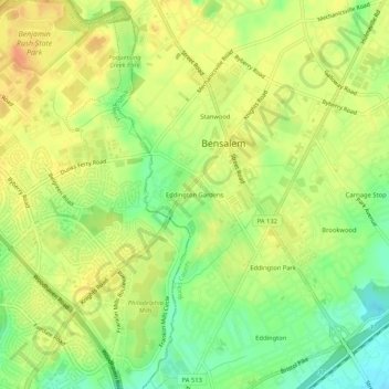 Mapa topográfico Eddington Gardens, altitud, relieve
