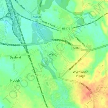 Mapa topográfico Weston, altitud, relieve