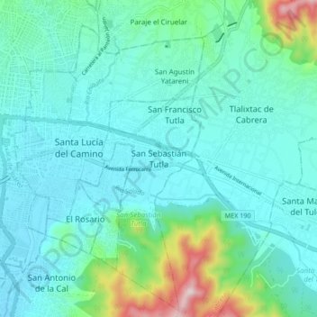 Mapa topográfico San Sebastián Tutla, altitud, relieve