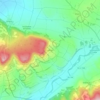 Mapa topográfico Muergas, altitud, relieve