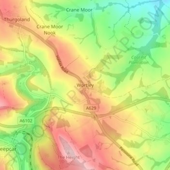 Mapa topográfico Wortley, altitud, relieve