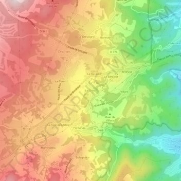 Mapa topográfico Le Cheix, altitud, relieve