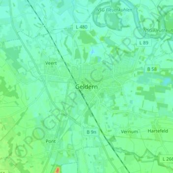 Mapa topográfico Geldern, altitud, relieve