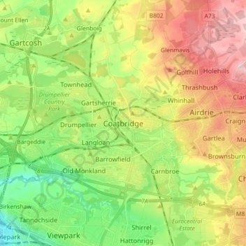 Mapa topográfico Coatbridge, altitud, relieve