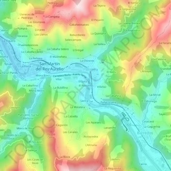 Mapa topográfico El Portiellu, altitud, relieve