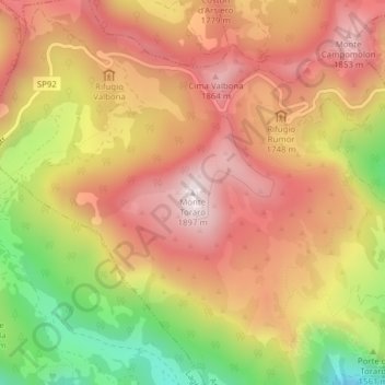 Mapa topográfico Monte Toraro, altitud, relieve