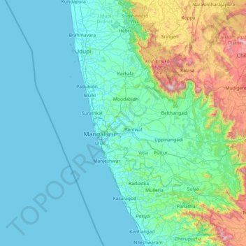 Mapa topográfico Dakshina Kannada, altitud, relieve