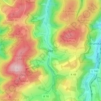 Mapa topográfico Elpe, altitud, relieve