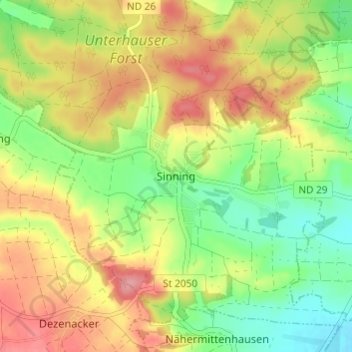 Mapa topográfico Sinning, altitud, relieve