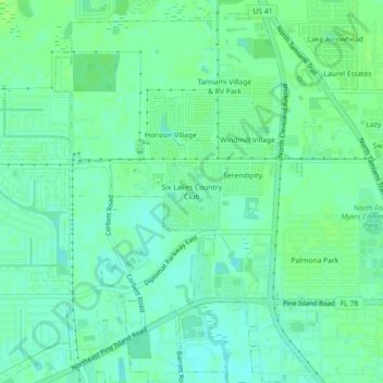 Mapa topográfico Six Lakes Country Club, altitud, relieve