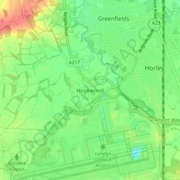 Mapa topográfico Hookwood, altitud, relieve