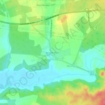 Mapa topográfico Águas de Moura, altitud, relieve