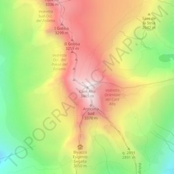 Mapa topográfico Carè Alto, altitud, relieve