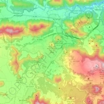 Mapa topográfico Olot, altitud, relieve