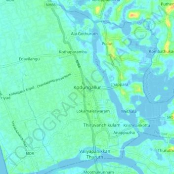 Mapa topográfico Kodungallur, altitud, relieve