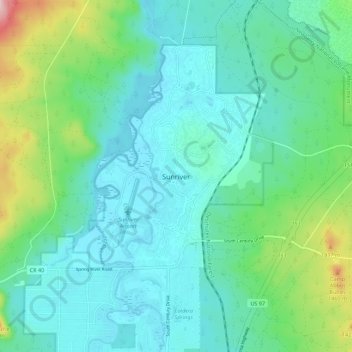 Mapa topográfico Sunriver, altitud, relieve