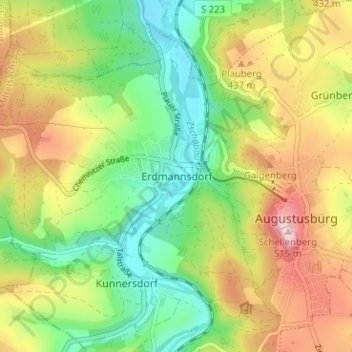 Mapa topográfico Erdmannsdorf, altitud, relieve