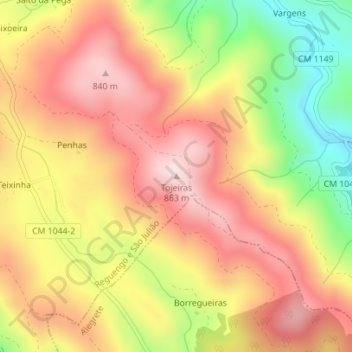 Mapa topográfico Tojeiras, altitud, relieve