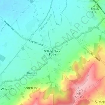 Mapa topográfico Weston-sub-Edge, altitud, relieve