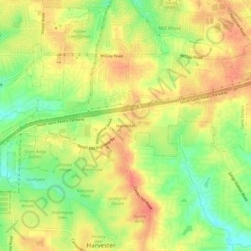 Mapa topográfico Harvester, altitud, relieve