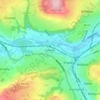 Mapa topográfico Saltaire, altitud, relieve