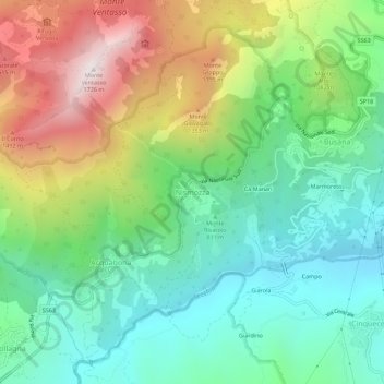 Mapa topográfico Nismozza, altitud, relieve