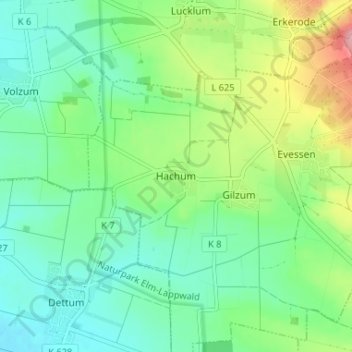 Mapa topográfico Hachum, altitud, relieve