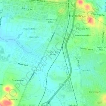 Mapa topográfico Country Club Estates, altitud, relieve