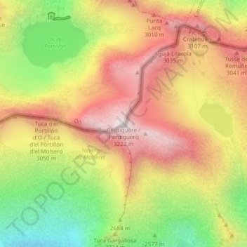 Mapa topográfico Pico Perdiguero, altitud, relieve