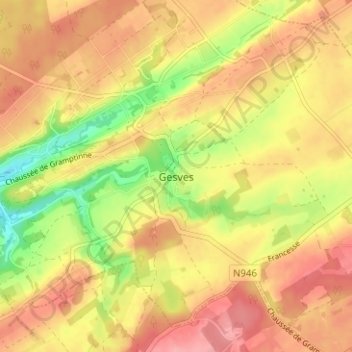 Mapa topográfico Gesves, altitud, relieve