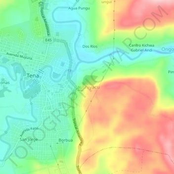 Mapa topográfico Paushiyacu, altitud, relieve
