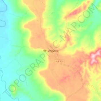 Mapa topográfico Metlaltoyuca, altitud, relieve