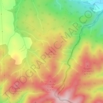 Mapa topográfico Poggi Alti, altitud, relieve