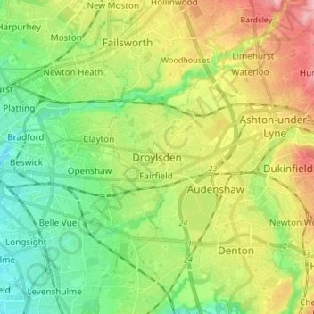 Mapa topográfico Droylsden, altitud, relieve