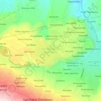 Mapa topográfico San Bartolomé Xicomulco, altitud, relieve