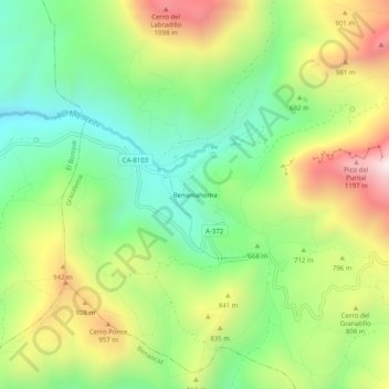 Mapa topográfico Benamahoma, altitud, relieve