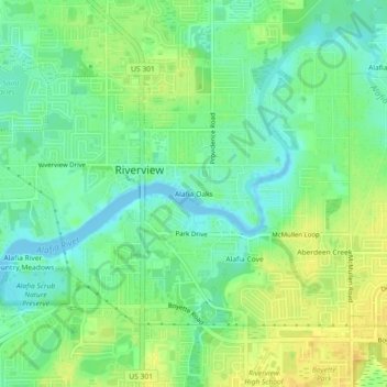 Mapa topográfico Alafia Oaks, altitud, relieve