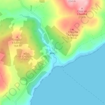 Mapa topográfico Claonaig, altitud, relieve