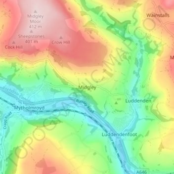 Mapa topográfico Midgley, altitud, relieve