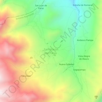 Mapa topográfico San Martin de Paras, altitud, relieve